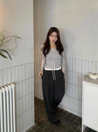 Semi-Balloon Drawstring High-Waisted Slacks