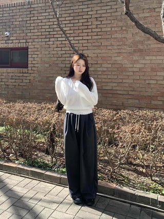 Semi-Balloon Drawstring High-Waisted Slacks