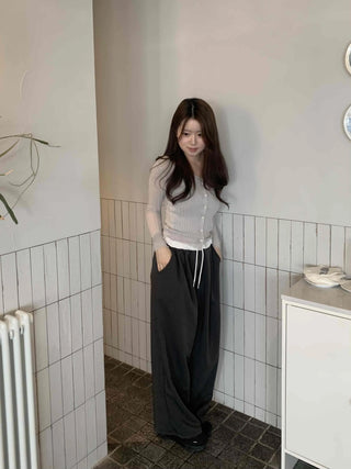 Semi-Balloon Drawstring High-Waisted Slacks