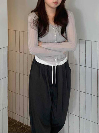 Semi-Balloon Drawstring High-Waisted Slacks