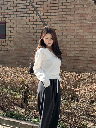 Semi-Balloon Drawstring High-Waisted Slacks