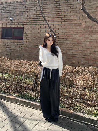 Semi-Balloon Drawstring High-Waisted Slacks