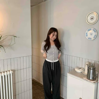 Semi-Balloon Drawstring High-Waisted Slacks