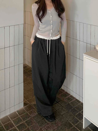 Semi-Balloon Drawstring High-Waisted Slacks