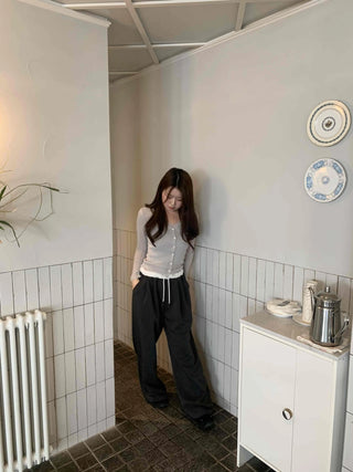 Semi-Balloon Drawstring High-Waisted Slacks