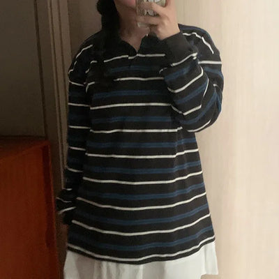 Pchel Striped Collar Loose Long Sleeve Tee