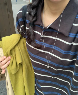 Pchel Striped Collar Loose Long Sleeve Tee