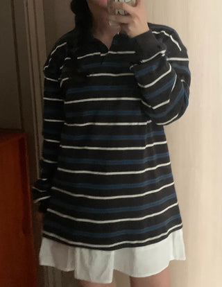 Pchel Striped Collar Loose Long Sleeve Tee