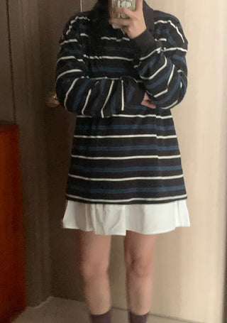 Pchel Striped Collar Loose Long Sleeve Tee