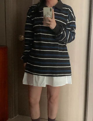 Pchel Striped Collar Loose Long Sleeve Tee