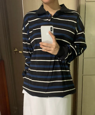 Pchel Striped Collar Loose Long Sleeve Tee