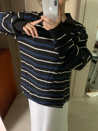 Pchel Striped Collar Loose Long Sleeve Tee