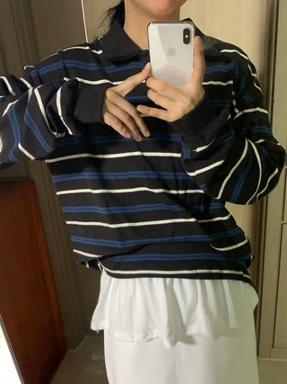 Pchel Striped Collar Loose Long Sleeve Tee
