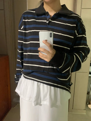 Pchel Striped Collar Loose Long Sleeve Tee