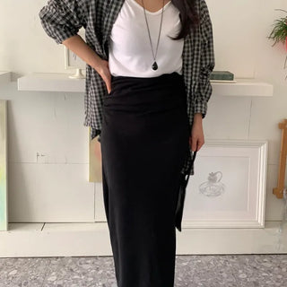 Minimal Cozy Hidden Elastic Waist Straight Long Skirt