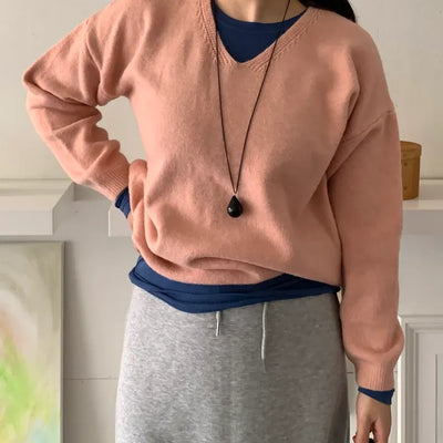 Layered High-Neck Cropped Loose-Fit V-Neck Knit