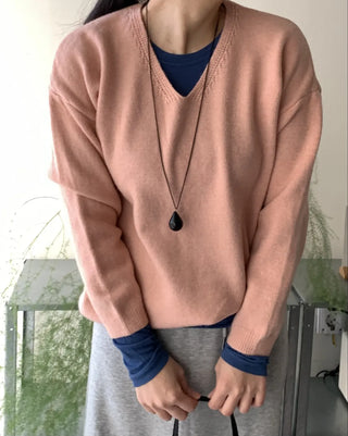 Layered High-Neck Cropped Loose-Fit V-Neck Knit
