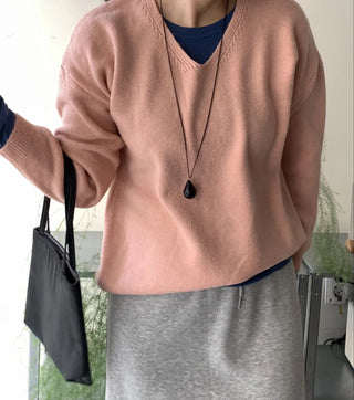 Layered High-Neck Cropped Loose-Fit V-Neck Knit