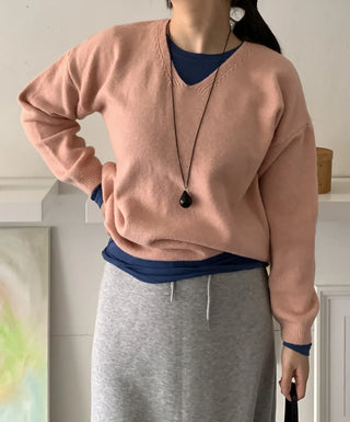 Layered High-Neck Cropped Loose-Fit V-Neck Knit