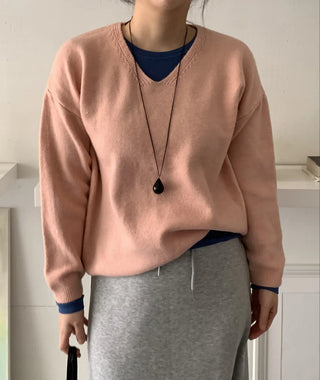 Layered High-Neck Cropped Loose-Fit V-Neck Knit