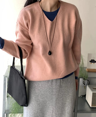 Layered High-Neck Cropped Loose-Fit V-Neck Knit