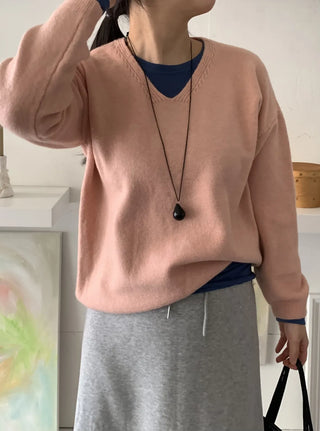 Layered High-Neck Cropped Loose-Fit V-Neck Knit