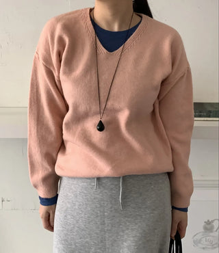 Layered High-Neck Cropped Loose-Fit V-Neck Knit