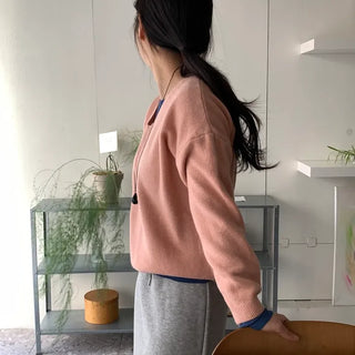 Layered High-Neck Cropped Loose-Fit V-Neck Knit