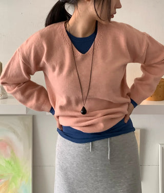 Layered High-Neck Cropped Loose-Fit V-Neck Knit