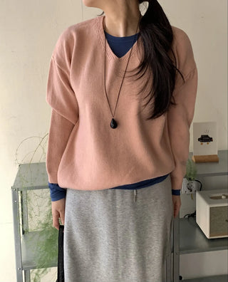 Layered High-Neck Cropped Loose-Fit V-Neck Knit