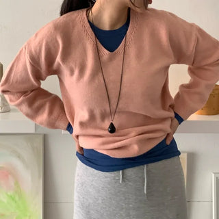 Layered High-Neck Cropped Loose-Fit V-Neck Knit