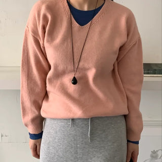 Layered High-Neck Cropped Loose-Fit V-Neck Knit