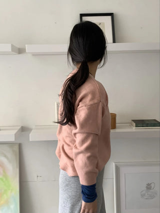 Layered High-Neck Cropped Loose-Fit V-Neck Knit