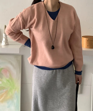 Layered High-Neck Cropped Loose-Fit V-Neck Knit