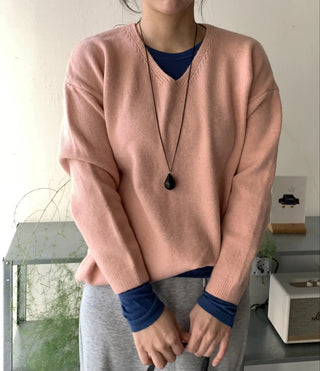 Layered High-Neck Cropped Loose-Fit V-Neck Knit