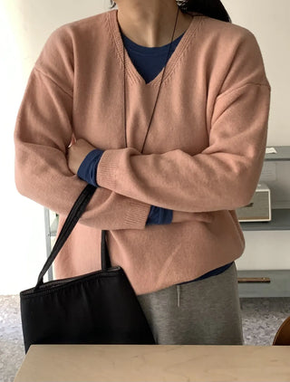 Layered High-Neck Cropped Loose-Fit V-Neck Knit