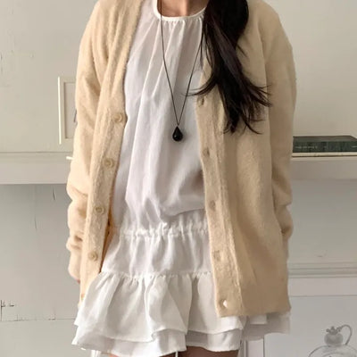 Cable Knit Round Neck Loose Fit Cardigan