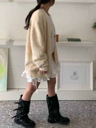 Cable Knit Round Neck Loose Fit Cardigan