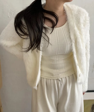 Feminine Shoulder Fur Point Crop Knit Cardigan