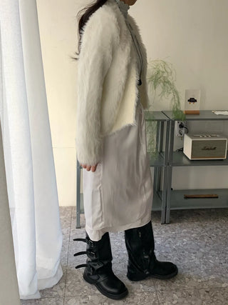 Feminine Shoulder Fur Point Crop Knit Cardigan