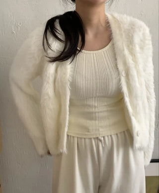 Feminine Shoulder Fur Point Crop Knit Cardigan