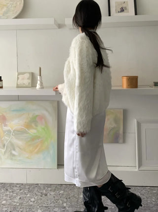 Feminine Shoulder Fur Point Crop Knit Cardigan