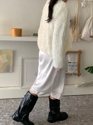 Feminine Shoulder Fur Point Crop Knit Cardigan