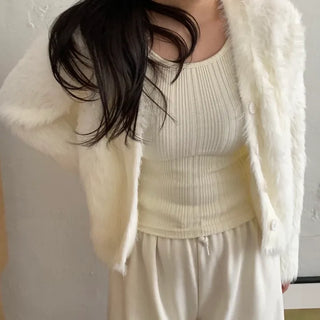 Feminine Shoulder Fur Point Crop Knit Cardigan