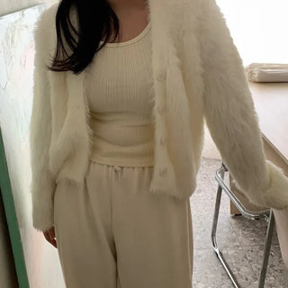 Feminine Shoulder Fur Point Crop Knit Cardigan