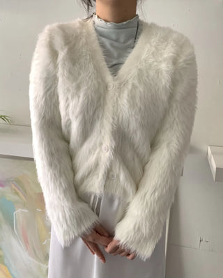 Feminine Shoulder Fur Point Crop Knit Cardigan