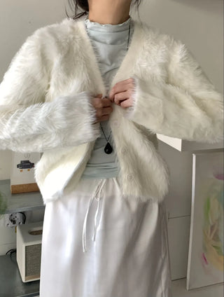 Feminine Shoulder Fur Point Crop Knit Cardigan