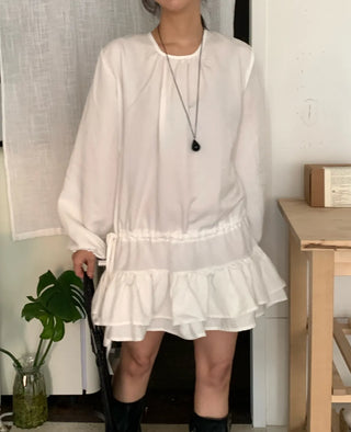 Puff Sleeve Frill Elastic Shirred Mini Dress
