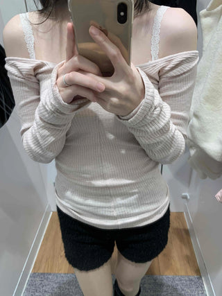 Shirred Shoulder Cutout Slim Line Rib Long Sleeve T-shirt