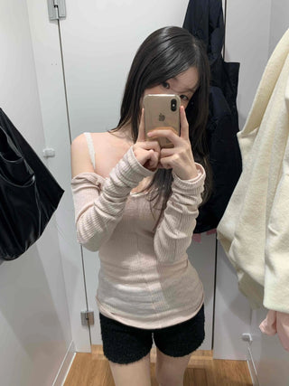 Shirred Shoulder Cutout Slim Line Rib Long Sleeve T-shirt